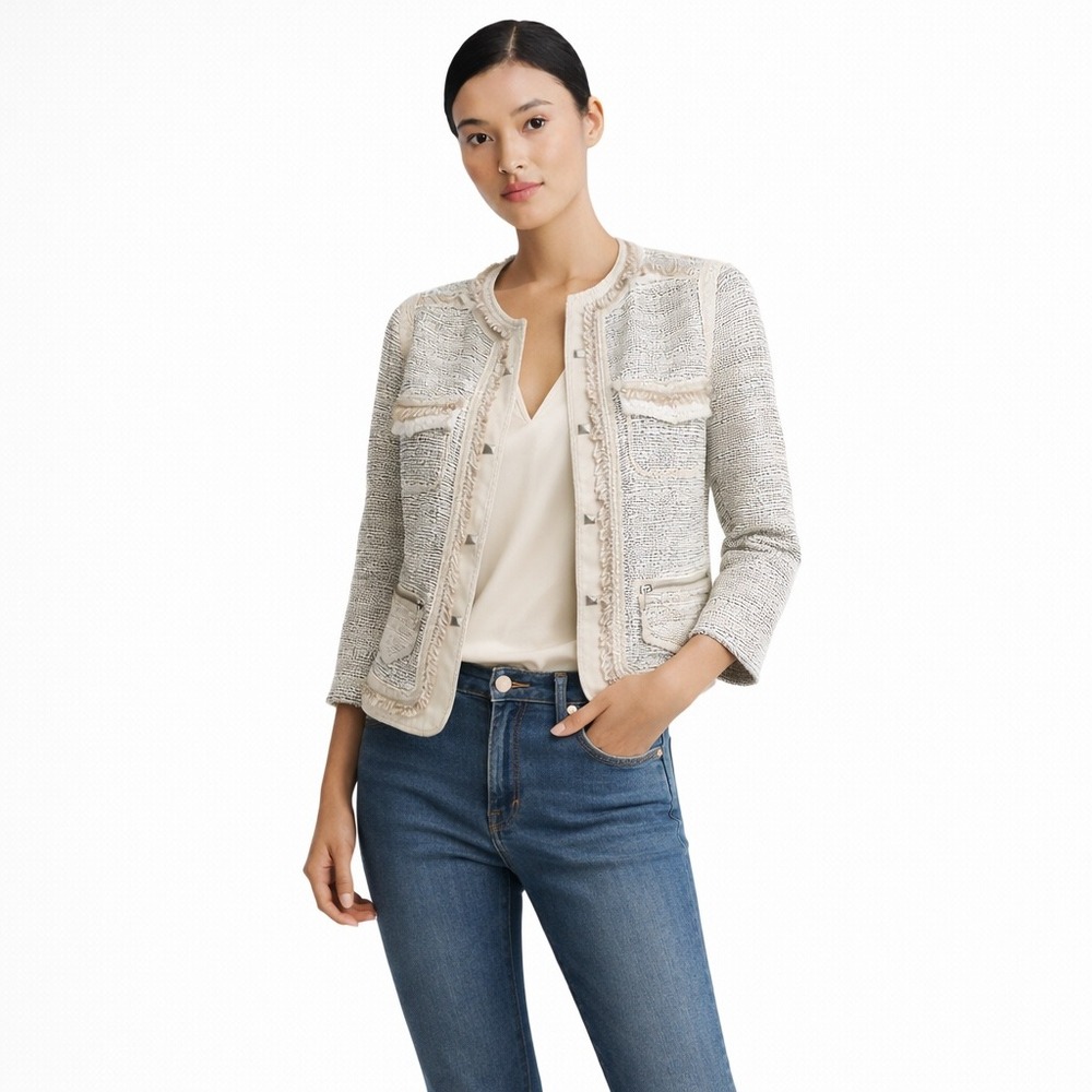 White House‎ Black Market Tweed Jacket 4 Beige Studded Fringe Trim Blazer